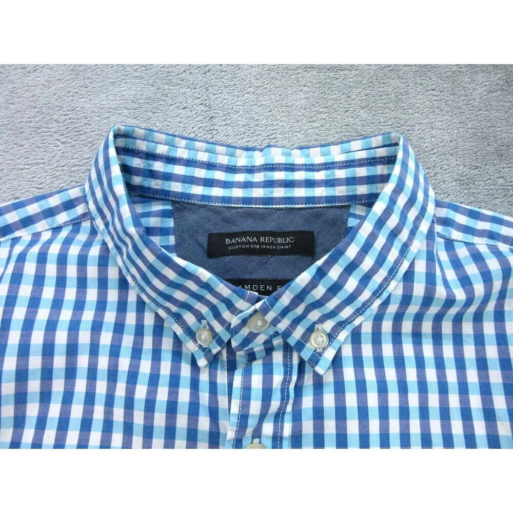 Banana Republic Shirt Mens Large Camden Fit Plaid Blue Long Slv Buttoned Down